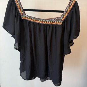SHEIN Black Square-Neck Flutter Sleeve Top with Multicolor Embroidery